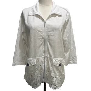Onque Casual White Eyelet Embroidered Lightweight Sweater Women Large Chic